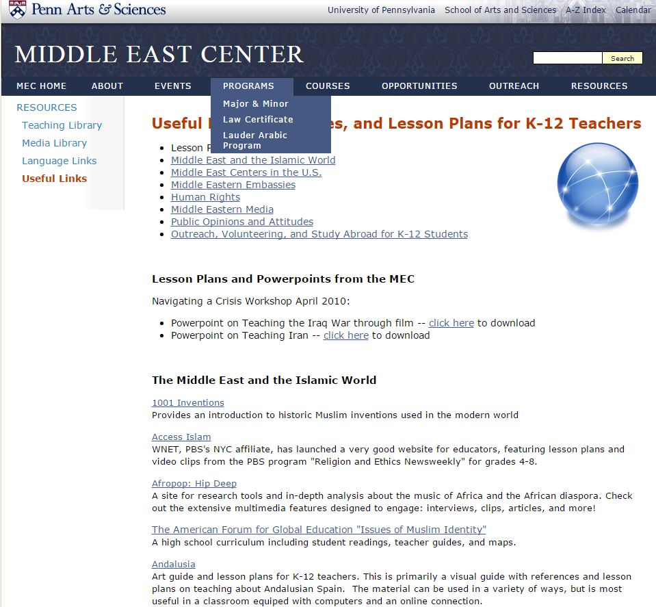 Penn Middle East Center Useful Links, Resources, and Lesson Plans for K-12 Teachers