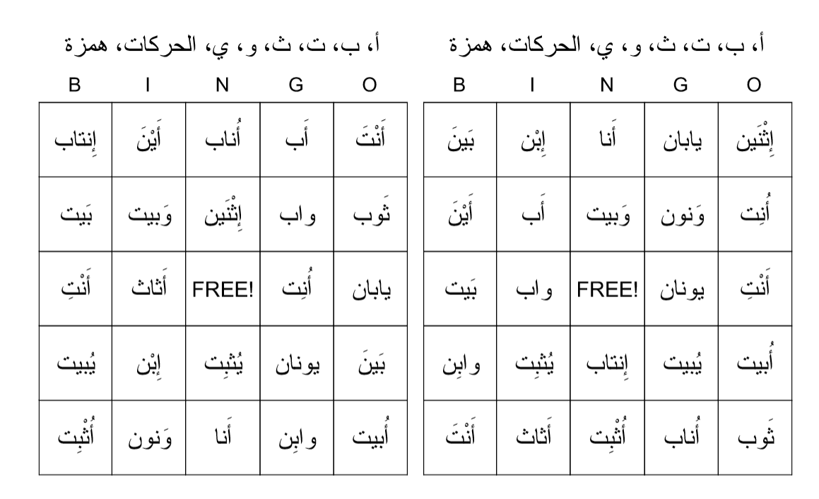 Bingo Game to Practice أ ب ت ث ن and Short Vowels