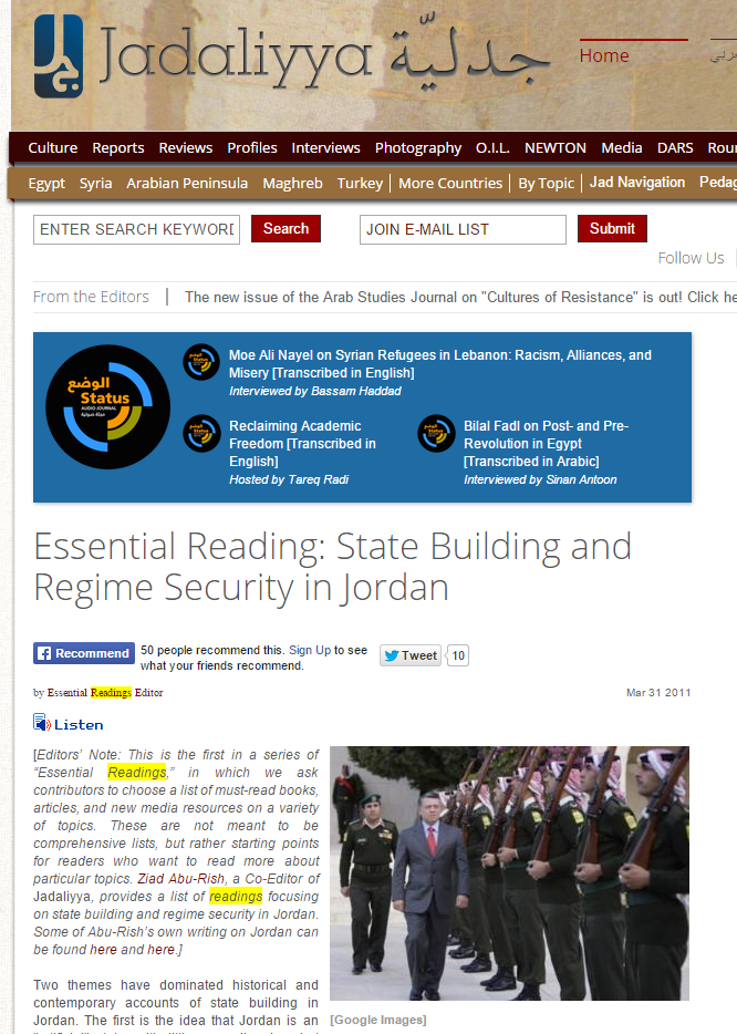Essential Readings: State Building and Regime Security in Jordan