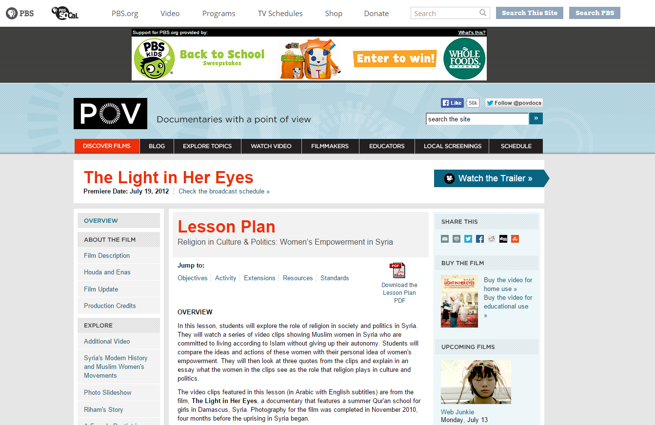 Religion in Culture & Politics: Women’s Empowerment in Syria: Lesson Plan for the Light in Her Eyes